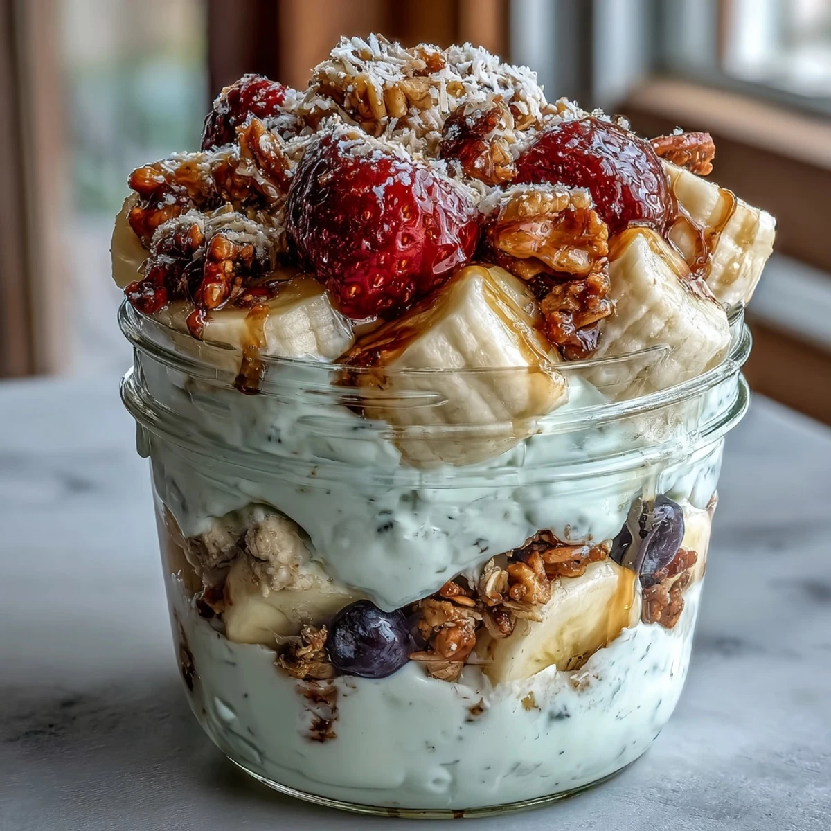 Wholesome breakfast jar featuring fluffy yogurt, ripe banana slices, and a medley of fresh fruits topped with chocolate chips.