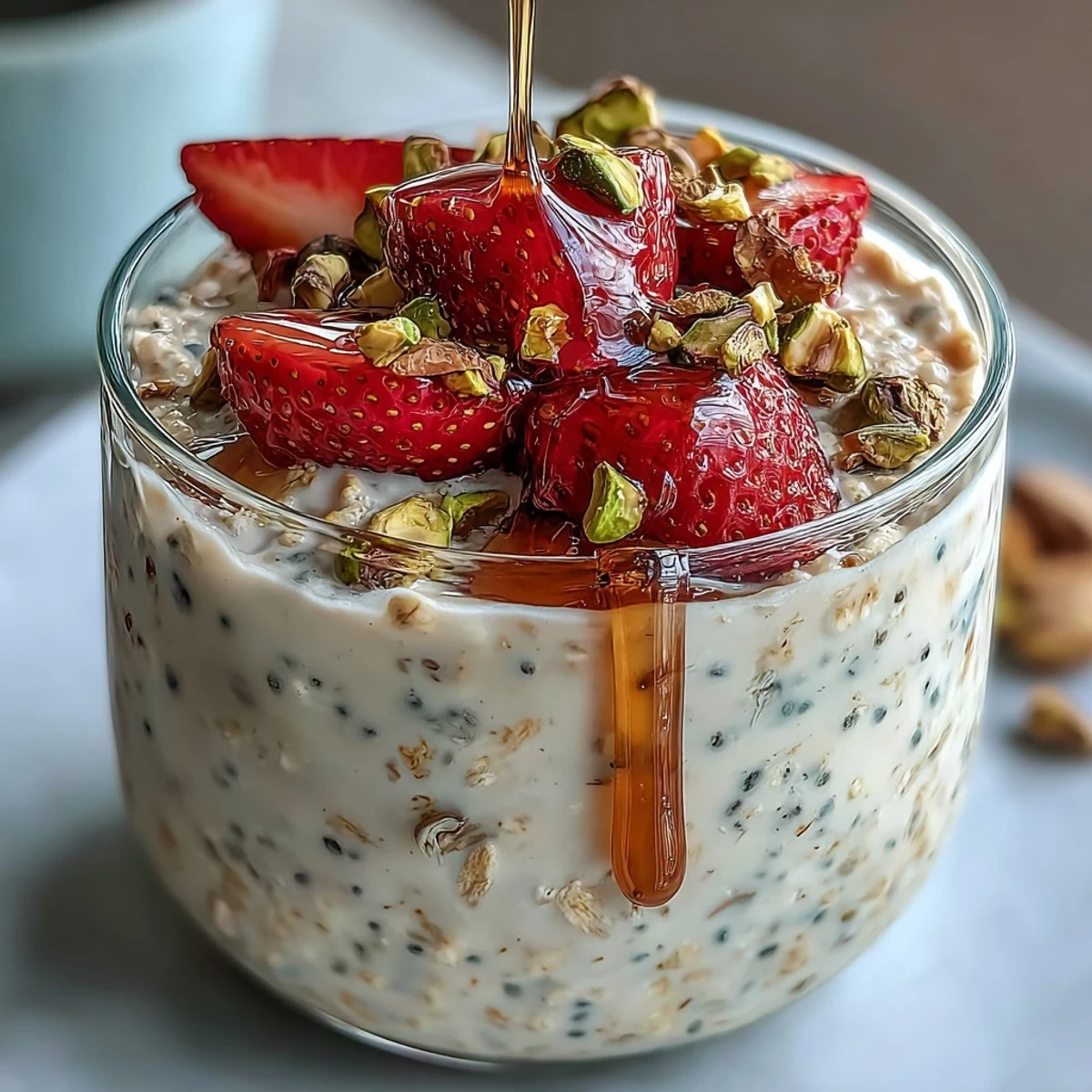 Strawberry and Pistachio Overnight Oats with Honey: Creamy oats layered with juicy strawberries, crunchy pistachios, and a golden honey drizzle in a clear glass jar.
