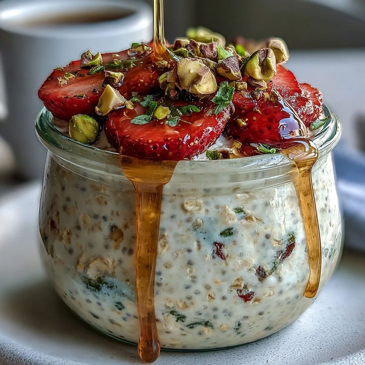 Strawberry and Pistachio Overnight Oats with Honey: Chilled overnight oats topped with fresh strawberry slices, chopped pistachios, and a delicate honey drizzle for a nourishing start.