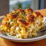 Close-up of Tini’s Mac and Cheese: a rich cheddar bake with crisp, buttery breadcrumbs.