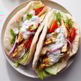 Close-up of Garlic Ranch Chicken Pita Sandwich; taste the garlic, ranch, and herbs.