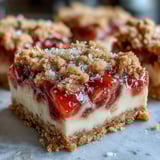 Fresh Rhubarb and Custard Crumble Bars reveal tangy fruit swirls and vanilla custard beneath a crispy, golden crumble, perfect for a sweet snack.