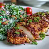 A close-up of crispy almond-parm coated chicken served with marinated kale and sumac salad garnish.