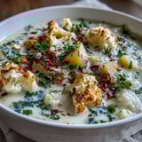 A hearty, gluten-free bowl of Vegetarian Cauliflower Chowder with tender potatoes and carrots, served with a slice of crusty bread.  