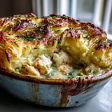 A warm slice of Curried Fish Pie, rich with turmeric and mild curry powder, served alongside fresh peas and a glass of chilled white wine.