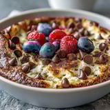 Spoon into the warm, fluffy center of this high-protein Baked Protein Pancake Bowl, loaded with chocolate chips and yogurt.