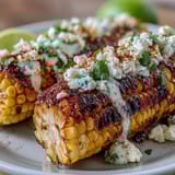 Smoky, charred corn topped with tangy mayo-sour cream sauce, crumbled cheese, and fresh cilantro for the perfect summer side.