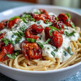 Luscious Summer Caprese Pasta with creamy burrata and fresh basil, ready to serve.