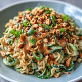 Creamy Cold Peanut Sesame Noodles topped with crunchy peanuts and fresh cilantro.