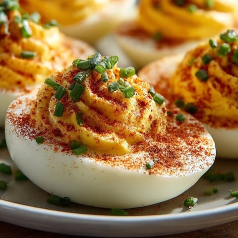 Creamy Smoked Paprika Deviled Eggs, piped high and sprinkled with extra paprika spice.