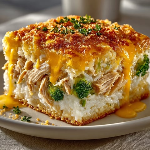 Creamy, bubbling Cheesy Chicken and Rice Casserole—a comforting, savory weeknight family dinner.