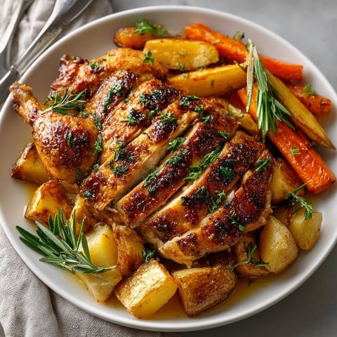 Golden Herb-Roasted Whole Chicken glistens beside tender, caramelized root vegetables, ready to serve.
