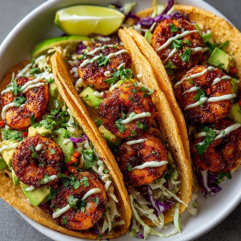 Juicy chili lime shrimp tacos, ready to eat with fresh cilantro and lime.