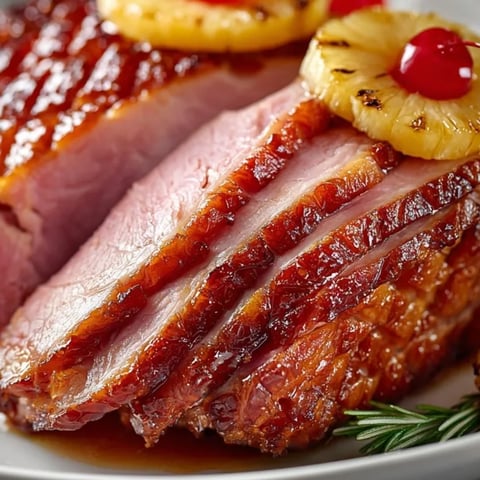 Golden-brown Brown Sugar Pineapple Ham glistens with a sweet glaze, ready for carving.