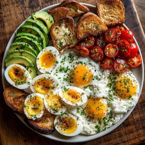 A colorful Egg Flight Platter featuring different egg styles, garnished with chives and tomatoes.