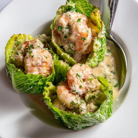 Creamy Shrimp Alfredo Cabbage Cups: Lightly sweet cabbage cradling succulent shrimp in rich sauce.