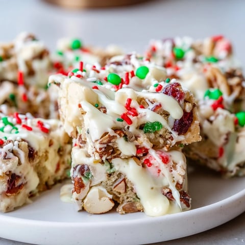 Festive Christmas Cookie Pie Bars topped with a rich white chocolate drizzle and sprinkles.