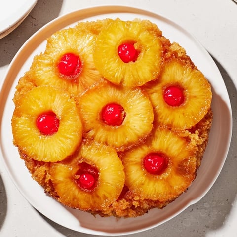 Light Pineapple Upside-Down Cake topped with juicy pineapple rings and coconut sugar glaze.