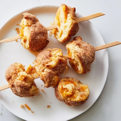 Tender Cinnamon Sugar Maple Bourbon Cheddar Biscuit Muffin Skewers on a plate.  
