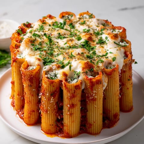 Stunning honeycomb pasta cake baked with rich tomato sauce and creamy cheese.  