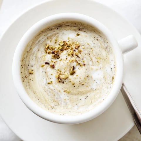 Creamy pistachio milk latte topped with crushed nuts for a delightful zing.  