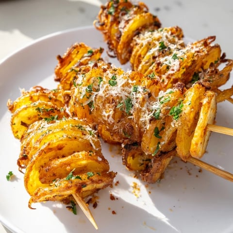 Crispy Air-Fryer Tornado Potatoes served on skewers, seasoned with garlic and paprika.  