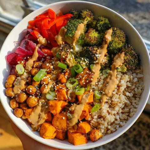 Vibrant Bold Sauce Drizzle Bowls with roasted vegetables and flavorful miso-butter sauce.  