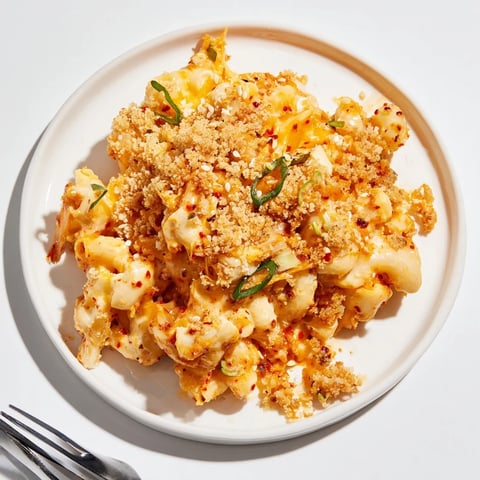 Creamy Spicy Kimchi Mac & Cheese topped with crunchy sesame for a unique flavor.  