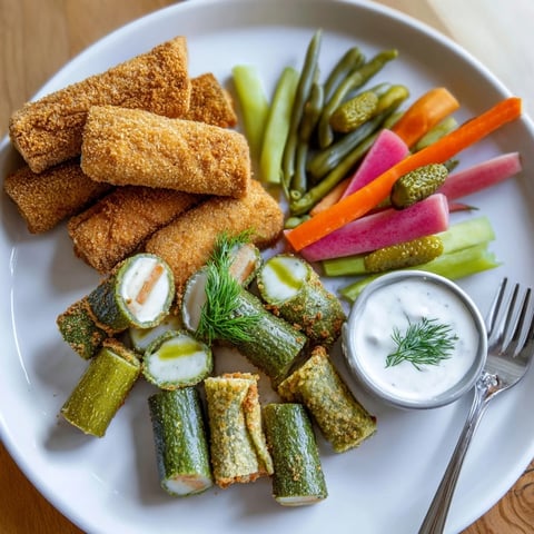 Crispy fried pickles served on a platter with vibrant pickled vegetables.  
