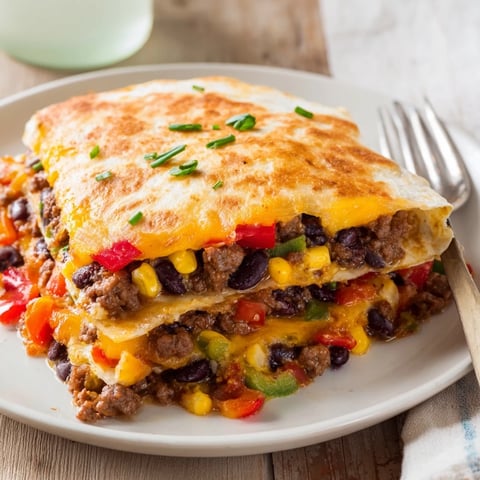 Crispy sheet pan quesadillas with beef, cheese, and vibrant veggies baked golden.  