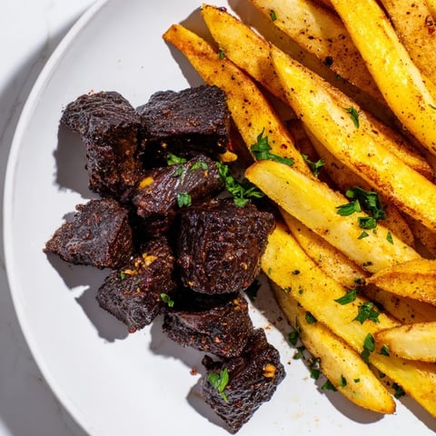 Golden, crispy fries and juicy Blackened Cajun Steak Bites, a flavorful, sizzling meal ready to enjoy!