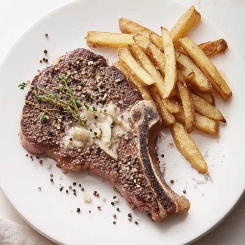 Seared Classic Peppercorn Ribeye glistening with peppercorns, alongside a pile of golden crispy fries.