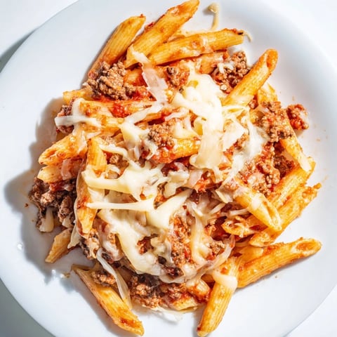 Cheesy Beef & Penne Bake: A close-up view of bubbly, golden cheese over savory ground beef.