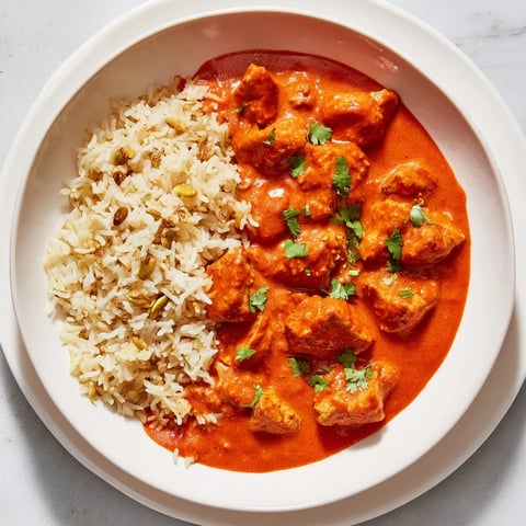 Tender butter chicken served with fluffy rice pilaf, a fragrant and colorful Indian delight.