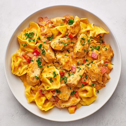 Zesty Cajun Garlic Parmesan Chicken Tortellini: creamy pasta dish with chicken, peppers, and parsley garnish.