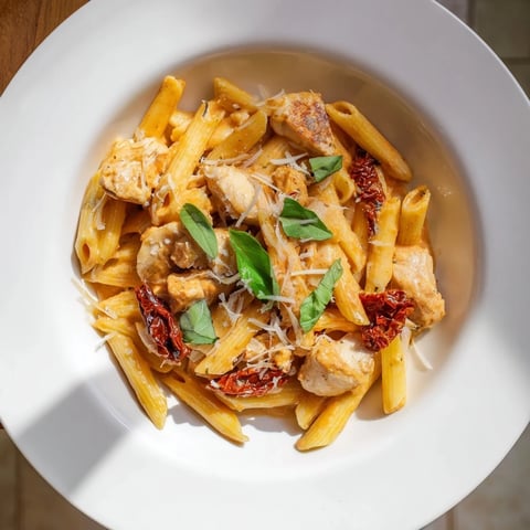 A delightful photo of creamy tomato basil chicken pasta, a comforting Italian-American dinner.