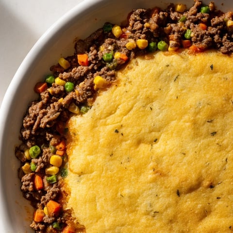 Golden, perfectly baked cornbread crust topping a savory, bubbling Cornbread Crusted Beef Pie.