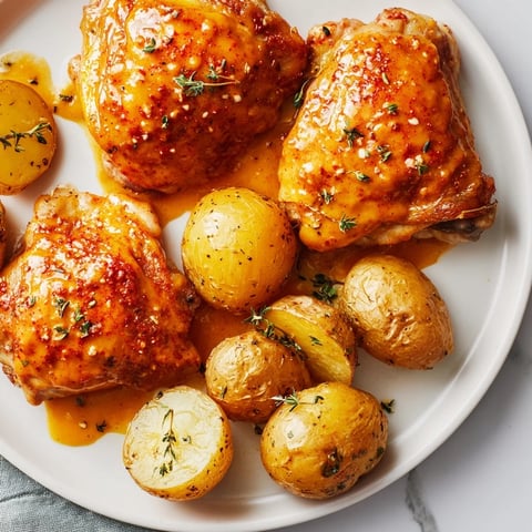 Golden brown honey mustard chicken with roasted potatoes, a delicious and easy American recipe.