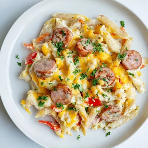 Golden, bubbling Smoked Sausage & Cheddar Pasta Bake with a crispy, cheesy top, ready to serve.