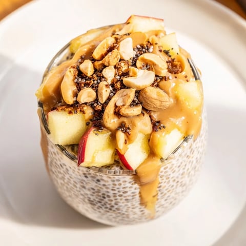 Layers of creamy apple-chia pudding with peanut butter, topped with crunchy peanuts, perfect for breakfast.