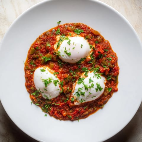 Sizzling Shakshuka, eggs perfectly poached in a rich tomato sauce, served with warm crusty bread.