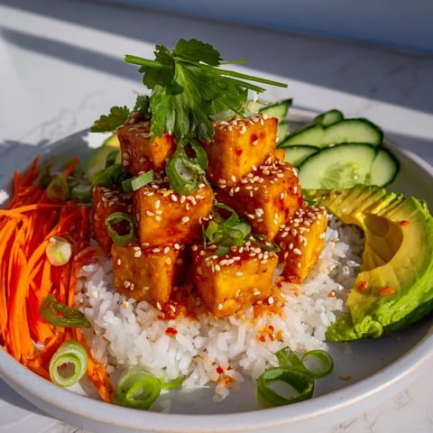 Golden, crispy Chili-Mayo Baked Tofu Bowls served over fluffy rice, ready to eat.