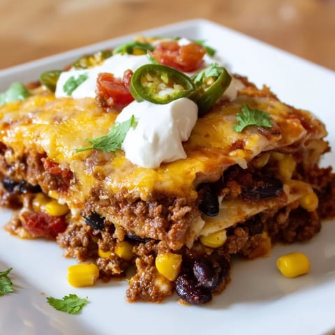 Steaming-hot Taco Lasagna, layered with cheese and beef, ready to be sliced and served.