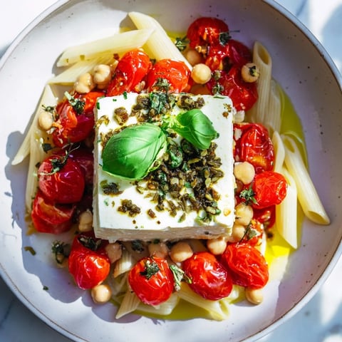 Golden baked feta chickpeas and tomatoes, served warmly over pasta, ready to eat.