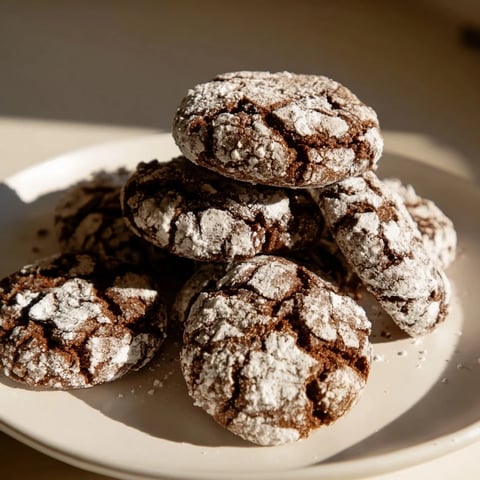 Freshly baked Chocolate Gingerbread Crinkle Cookies dusted with powdered sugar, ready to eat.