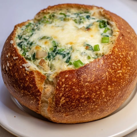 Warm, bubbly Best-Ever Spinach Dip in a sourdough bread bowl, ready for dipping.