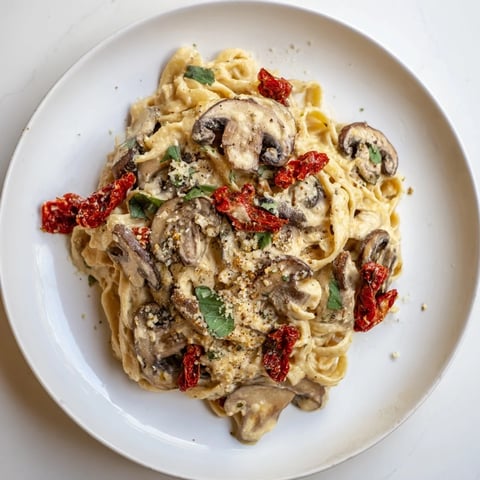 Creamy Vegan Marry Me Mushroom Pasta, a delightful dish with tender mushrooms and vibrant sun-dried tomatoes.