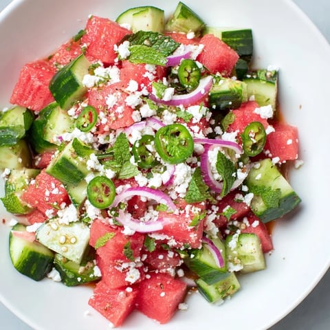Vibrant Cucumber and Watermelon Hot Girl Salad loaded with juicy watermelon and creamy feta cheese.