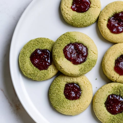 Matcha cranberry shortbread thumbprint cookies with glistening cranberry filling offer a sweet bite.