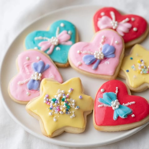 Pretty Bows Heart & Star Cookies gleam—delicate hearts and stars, frosted with vibrant, detailed bow designs.